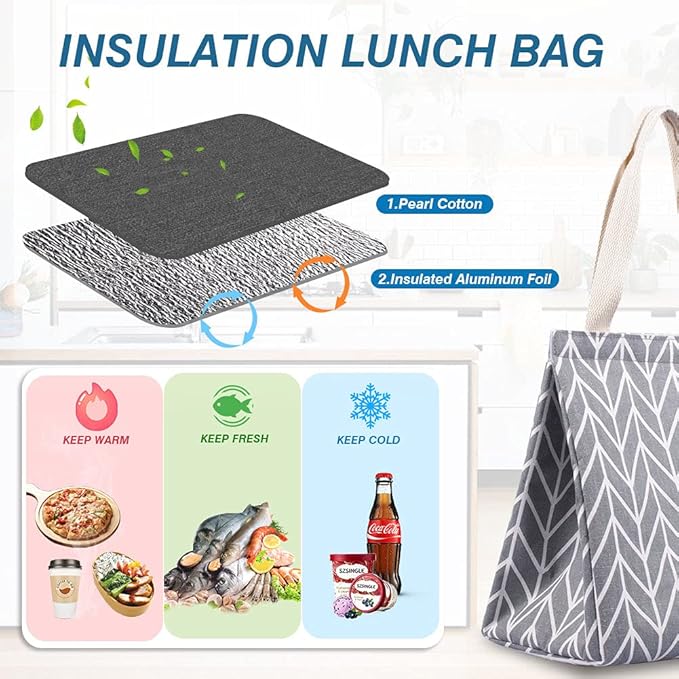 iknoe Insulated Lunch Bag for Women, 9L Sturdy Wide-Open Foldable & Portable Lunch Tote with Interior Pockets, Water-resistant Thermal Lunch Cooler for Adults Picnic Beach (Grey Waveform)