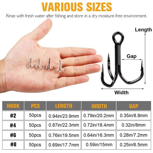 Dovesun Fishing Treble Hooks 3X Strong Professional V Triple Fishing Hooks for Saltwater Freshwater 50PCS Black Nickel Size #4