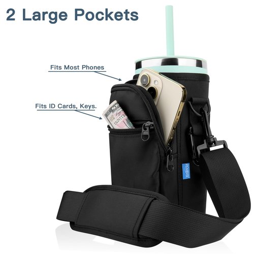 Xxeciz Water Bottle Carrier Bag for Hydro Flask Travel 40/32 oz Tumbler with Phone Pocket, Nylon Water Bottle Holder with Strap Water Bottle Sling Pouch for Hydro Flask Cup Accessories (32 OZ)