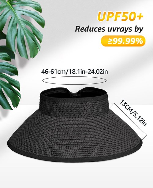 Sun Visor Hat for Women, Wide Brim Straw Summer UV Protection Hat, Foldable Roll-up Packable Beach Cap （Black）