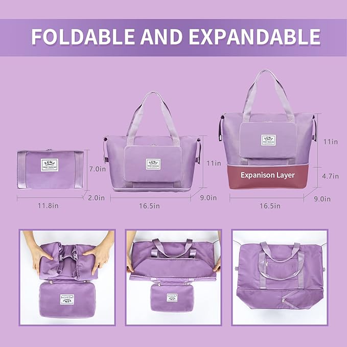Expandable Travel Duffel Tote Bag - Foldable Overnight Weekender, Carry-On, Swim & Gym Bag - Fits Spirit Airlines Personal Item Size - Lightweight, Waterproof & Durable with Trolley Sleeve,Purple