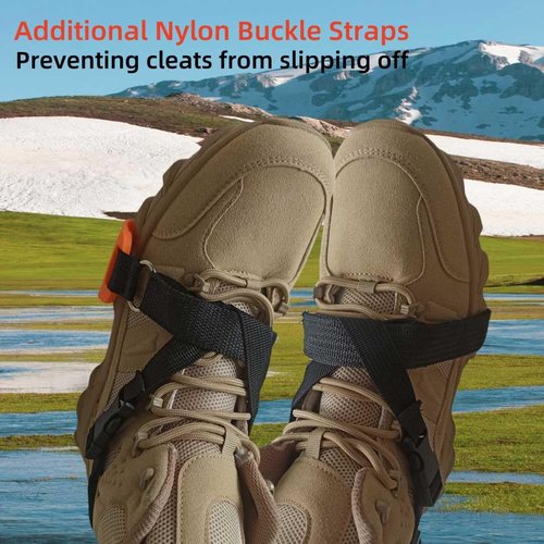 One Fit All Ice Cleats for Shoes and Boots Size 3.5-10.5, Quick Slip On Ice and Snow Grips with Add-On Straps for Men, Women and Kids, Everyday Use Mid-Sole Traction for Hiking, Walking Commuting