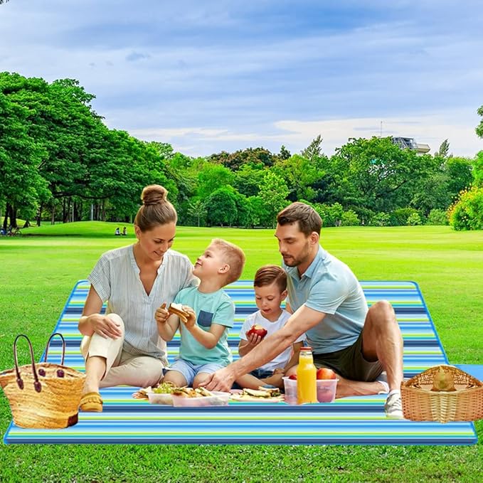 RUIBOLU Large Picnic Blanket, Beach Blankets(80X60) Inch Sandproof Beach Mat for 3-5 Adults Waterproof Quick Drying Outdoor Picnic Mat for Travel Camping Park Lawn (Blue Stripes)