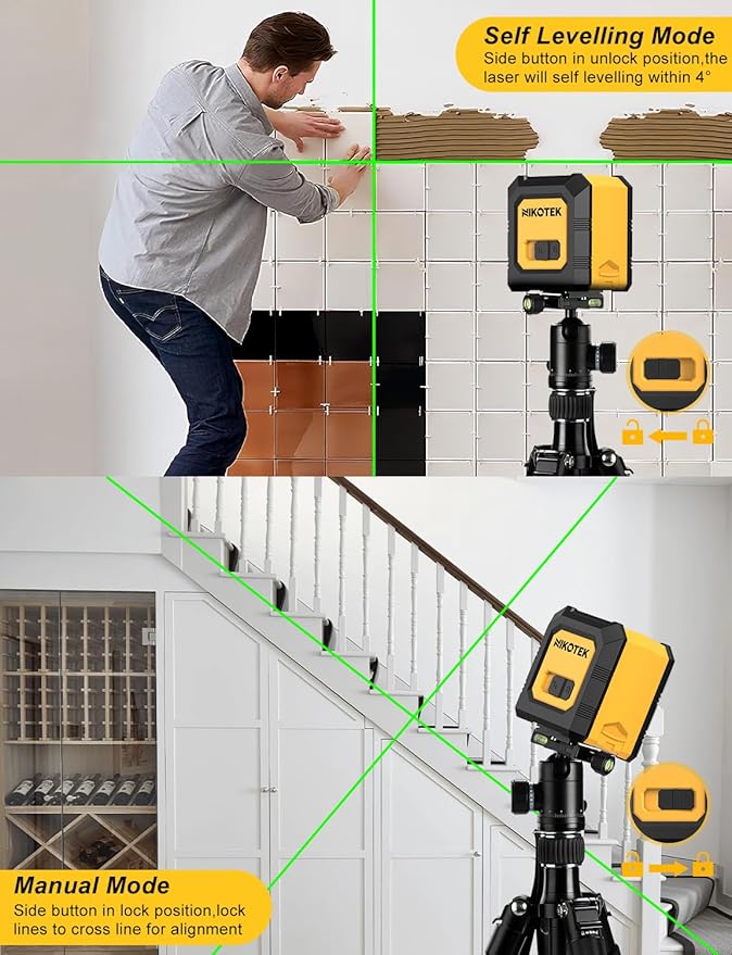 Green Laser Level, 20m/65ft Cross Line Laser with Self-Leveling Green Beam, Carrying Pouch, 2 AA Batteries, for Home Decoration/DIY/Construction Site etc