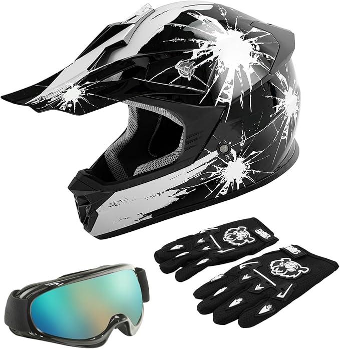 TCT-MOTORPARTS DOT Youth Kids Motocross ATV Helmets Offroad Street Dirt Bike Go-Kart BMX MX Full Face Helmet Black w/White Fireworks Medium Size
