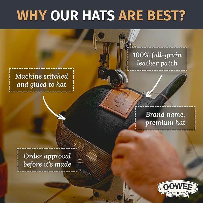 Leather Patch Hat for Men - Richardson 112 Trucker Hat w/Full-Grain Leather Patch, Laser-Engraved, Machine-Stitched