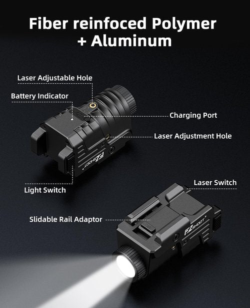 EZshoot 800 Lumens Pistol Light Laser Combo Rechargeable, Pistol Flashlight with Slidable Rail Compatible with Glock and Picatinny Rail, Tactical Flashlight with Green Laser Beam