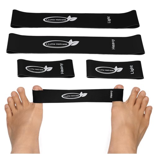 Toe Bands, Mini Latex Bands for Exercise & Stretch, Bunion Correction, Toe, Foot, & Ankle Strengthening, Toe Spacers for Hallus Valgus 4-Pack (Black)