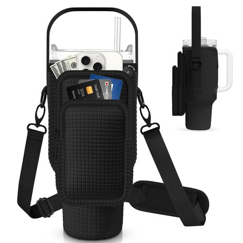 Water Bottle Carrier Bag with Phone Pocket for Stanley 40 oz Tumbler,Neoprene Water Bottle Holder Cross-boday Bag with Adjustable Shoulder Strap& Handheld Strap for Stanley Cup Accessories