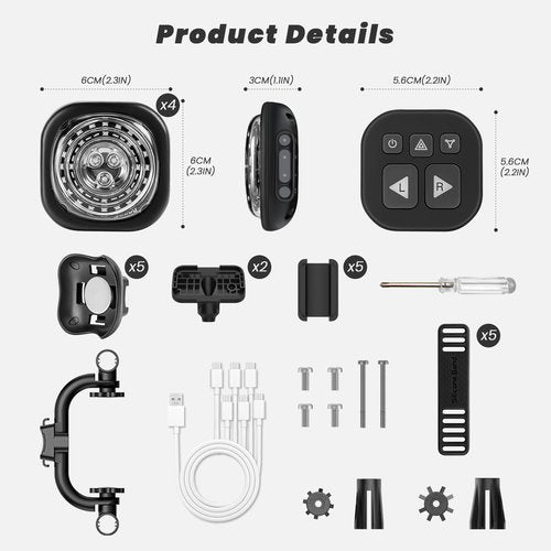WhiteRhino Bike Lights System-Turn Signal,Taillight&Headlight,Sync Front&Rear Bike Light for Night Riding,3+2+1 Light Modes Rechargeable Bicycle Light with Remote Controller,IP67W/P Day/Night Mode,4pc