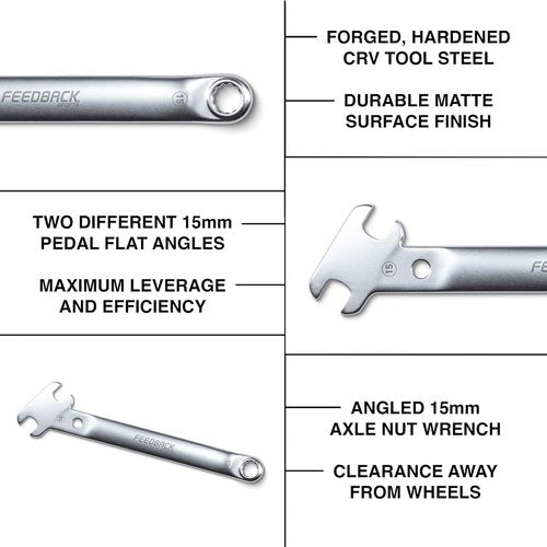 FEEDBACK SPORTS | Bicycle Pedal Wrench Combo | 2-in-1 Pedal & Axle Nut Tool | 15mm Angle Head, Closed Axle Nut Wrench | For Bike Maintenance & Repair