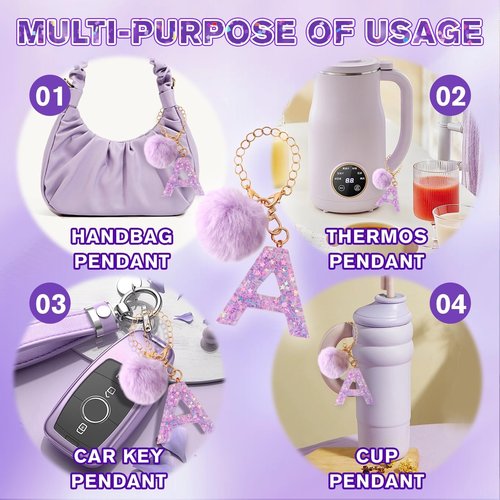 Rabrgab Letter Charm Accessories for Stanley Cup with Handle, Cute Initial Letter for Stanley Tumbler with Bling Charms Purple Pompom B