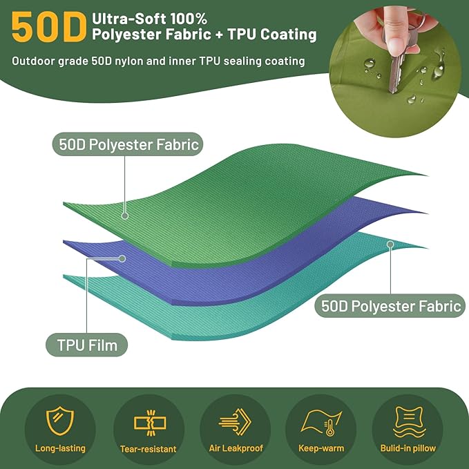 Sleeping Pad for Camping, 6" Extra Thick Double Sleeping Pad with Pillows & Built-in Foot Pump, Ultralight Camping Sleeping Mats Compact for Travel Tent Hiking Backpacking Car Camp Gear