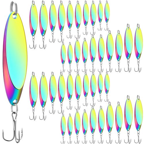 HESTYA 40 Pieces Fishing Lures Spoons Fishing Metal Saltwater Treble Trout Lures Hard Metal Spinner Baits 5 Sizes Casting Spoon Hooks for Salmon Bass in 1/5 1/4 3/8 1/2 3/4 oz (Holographic)