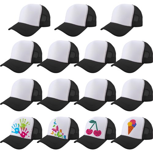 SGBETTER 15 Pack Kids DIY Trucker Hats Bulk Summer Mesh Baseball Cap Blank Sublimation Trucker Cap for Child Summer (US, Numeric, 6 3/4, Color Set 2)
