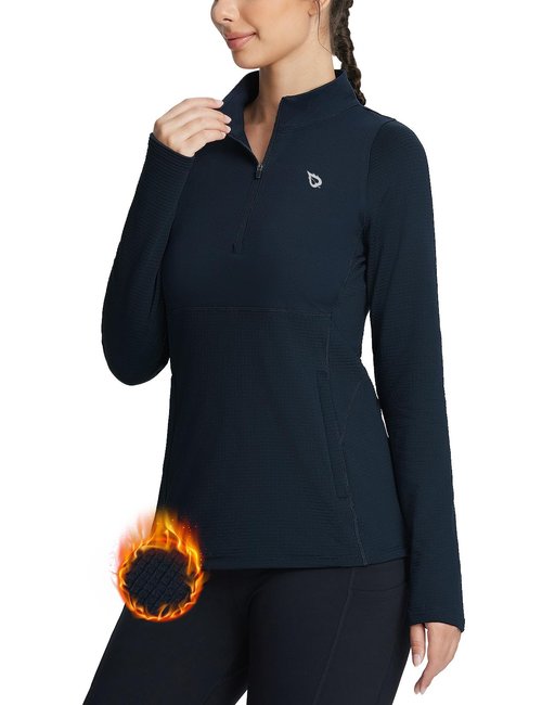 baleaf Women's Fleece Running Jackets Half Zip Pullover Thermal Shirts Athletic Cold Weather Gear Winter Zip Pockets Navy L
