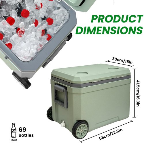 JUST-V 45L Cooler Insulated Portable Ice Chest Box with Heavy Duty Wheels Keeps Ice for up to 5 Days, Great for Beach, Camping, Tailgating, Sports, & More Green