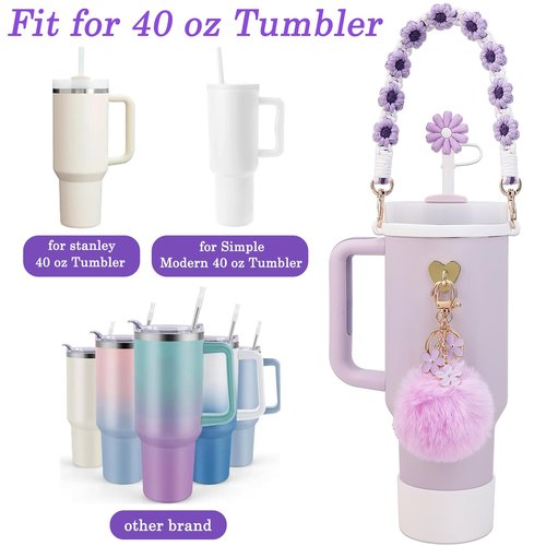 Cup Accessories for Stanley 30oz 40oz Tumbler with Handle - Water Bottle Handle Strap,Siliocne Cup Boot,Personality Pearl Keychain Charms Set,Straw Topper Cover for Stanley