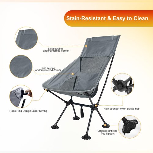 IEJ Ultralight High-Back Camping Chair - Portable Folding Backpacking Chair with Anti-sag Footmuffs, Supports up to 300 lbs, Compact and Durable for Outdoor Activities - Grey