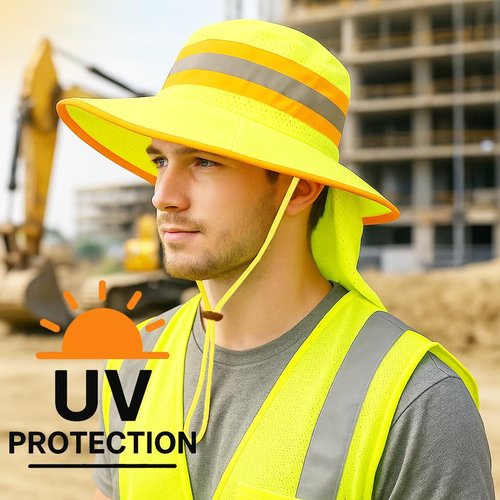 Men High Visibility Reflective Work Safety Sun Hat with Neck Flap Wide Brim Boonie UV Protection (US, Alpha, Medium, X-Large, 1pc Neon Lime)