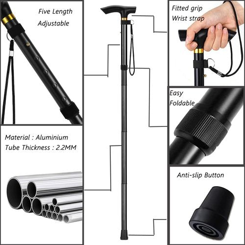 YOBOKO Aluminum Alloy Walking Sticks Trekking Poles Hiking Foldable Hiking Stick Anti-Slip Cane for Elderly Length Adjustable Walking Stick (Black)