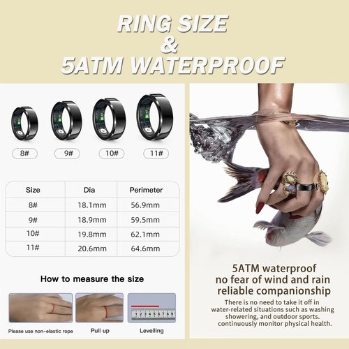 Smart Ring Health Rings Waterproof Heart Rate Monitor Step Calorie Counter Pedometer Distance Sleep Tracker Long Battery Life Sports iOS & Android Smart Rings for Men Women