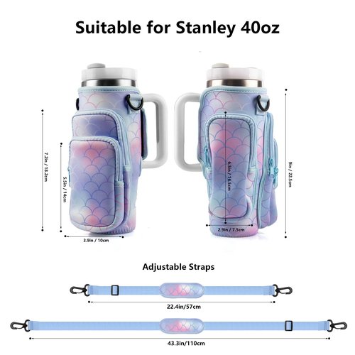 WNGERGOU Water Bottle Carrier Bag with Phone Pocket for Stanley, Water Bottle Holder with Strap for Stanley Accessories 30oz, Stanley Cup Accessories Total 3 Pockets (30oz-fish scales)
