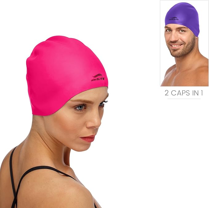 Reversible Silicone Swim Cap, Waterproof 2-in-1 Swimming Caps for Men and Women with Carry Bag, Flexible Adult Swimmers Cap for Short and Medium Length Hair