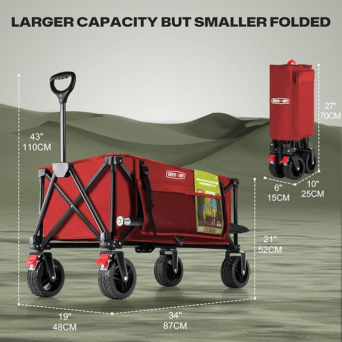 Overmont Collapsible Wagon Cart with Wheels - 220L Foldable Heavy Duty Wagon with Big All-Terrain Wheels - 330Lbs Weight Capacity with Side Pockets for Camping Sports Garden Grocery Shopping red
