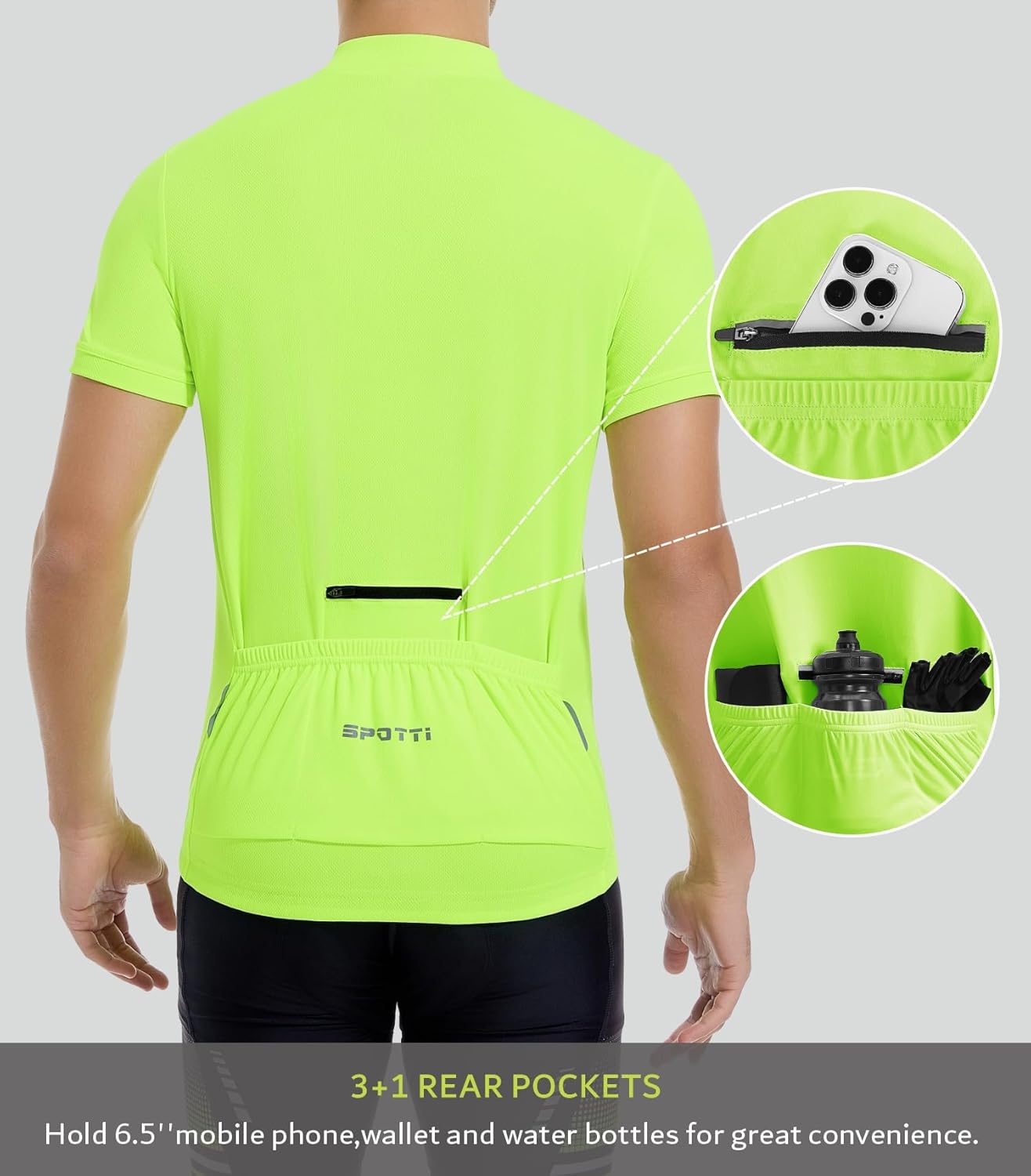 Spotti Men's Cycling Bike Jersey Short Sleeve with 3 Rear Pockets- Moisture Wicking, Breathable, Quick Dry Biking Shirt