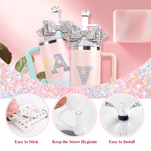 Lingdeer Water Bottle Accessories Set for Stanley Cup 30Oz 40Oz, Bling Letter Charms, Diamond Straw Cover, Glitter Silicone Boot, Personalized Sticker, Bow Straw Topper for Stanley Cup Accessories (S)