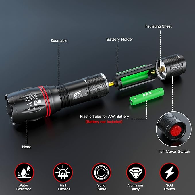 HAUSBELL LED A100 Flashlight Bright, Zoomable Tactical Flashlights Flash Light with High Brightness and Five Modes for Emergency and Outdoor Use Camping Accessories, 2 Pack