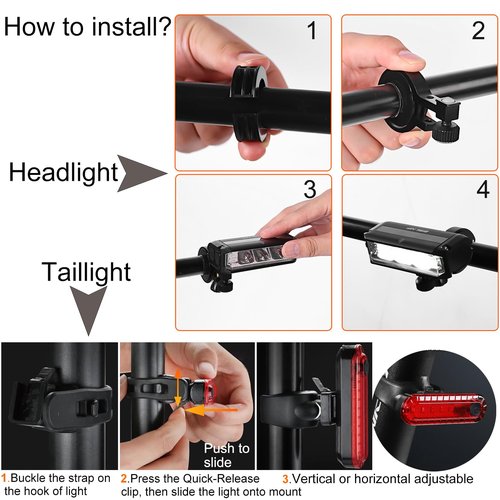 Bike Light Set for Night Riding,Bright LED Bicycle Light High Beam Low Beam,USB Rechargeable Bicycle Headlight Set,Waterproof Bike Headlight and Taillight for Adult Kid Mountain