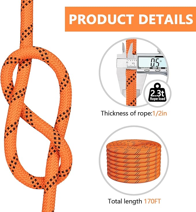X XBEN Braided Polyester Arborist Rope 1/2 inch X 220ft, 48 Strands, 12 Inner core,5174 LBS Breaking Strength Outdoor Ropes, Arborist Rigging Rope for Rock Hiking Camping Swing Tree Rescue,Orange