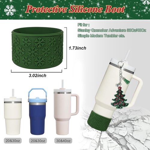 VirgoCCY Christmas Stanley Cup Accessories Set Including 1pcs 0.4in Straw Covers, 1 Water Bottle Handle Strap, 2 Cute Christmas Charms and 1 Silicone Boot for Stanley 40oz & 30oz, Green