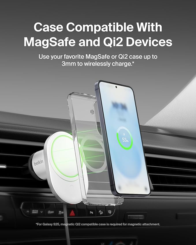 Belkin Wireless Car Charger 15W - MagSafe-Compatible Magnetic Charger - Qi2-Certified Wireless Charger, Magnetic Car Vent Phone Mount for iPhone 16, 15, 14, 13, 12, & Samsung Galaxy S25 Series - Gray