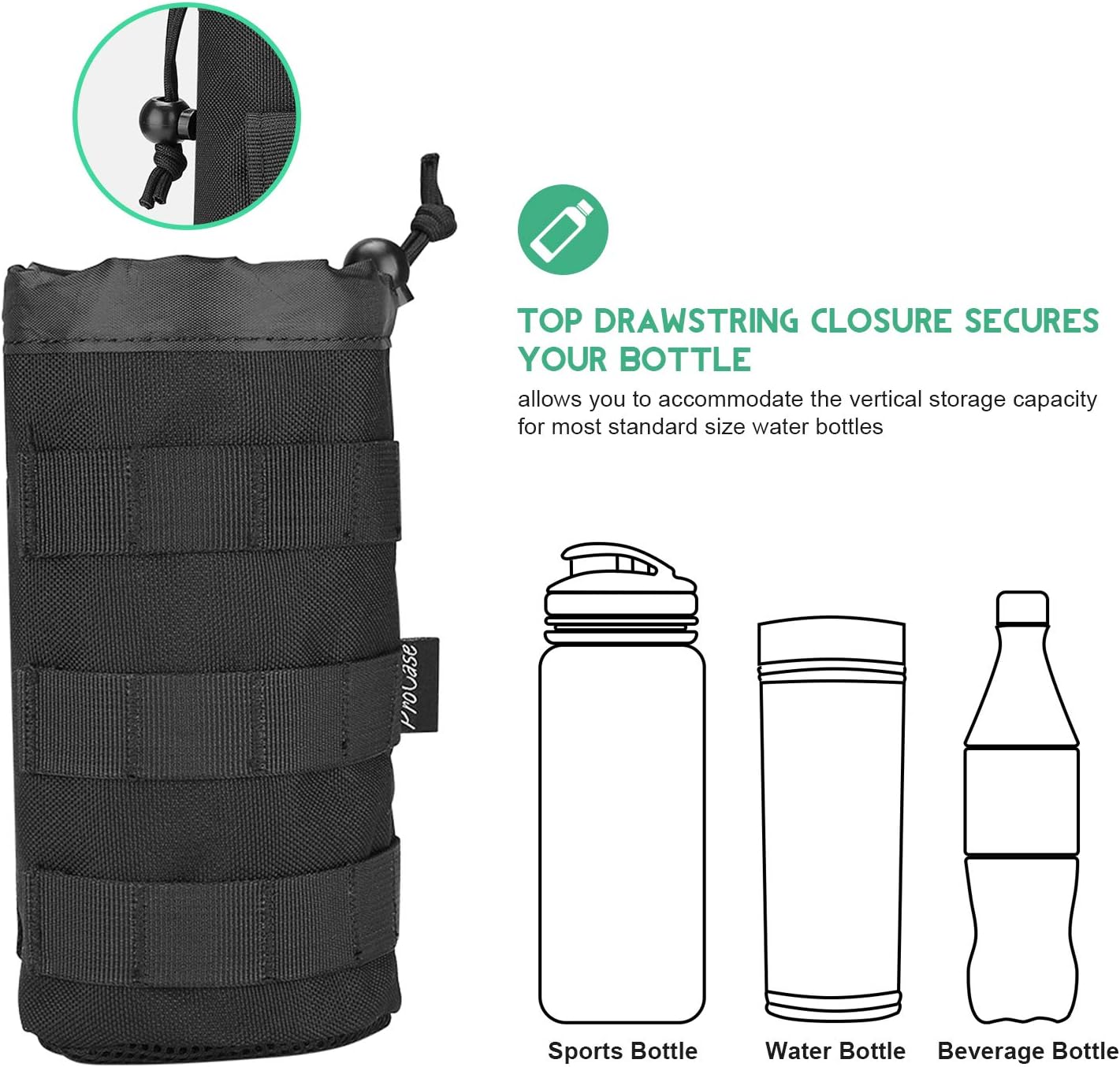 ProCase Tactical Molle Water Bottle Pouch, Military Bottle Holder with Top Drawstring & Mesh Bottom, Portable Water Container Pouch Bag Hydration Carrier for Camping Hiking Hunting Traveling –Black