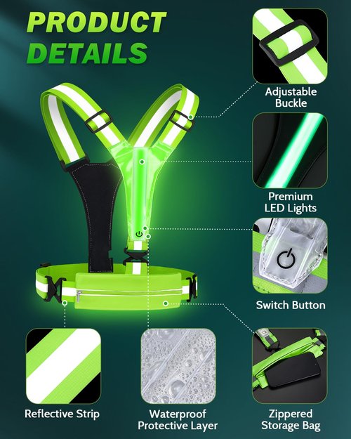 Fitense LED Reflective Running Vest with Phone Holder, 5 Colors Light Up Running Vest Rechargeable Running Lights for Runners High Visibility Reflective Running Gear, Adjustable for Men and Women