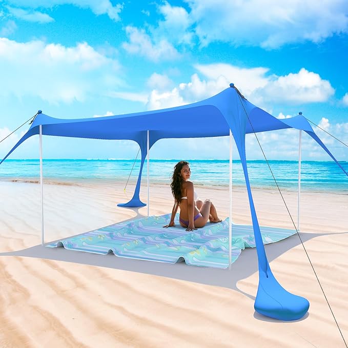 Beach Tent Pop Up Shade Canopy Sun Shelter UPF50+ with 4 Stability Poles/Carry Bag/Ground Pegs/Sand Shovel/Windproof Ropes Portable Outdoor Family Sunshade for Camping (Royal Blue,7×7FT)