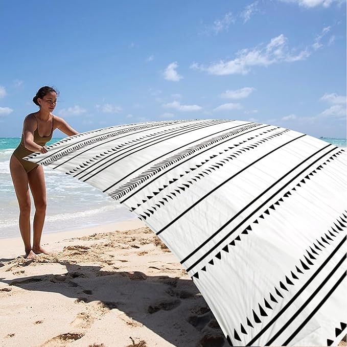 Large Beach Blanket for 1-4 Adults, 78''×86'' Waterproof Sandproof Beach Blankets with 4 Stakes & 4 Corner Pockets, Polyester Lightweight Foldable Outdoor Picnic Mat for Travel, Camping, Hiking
