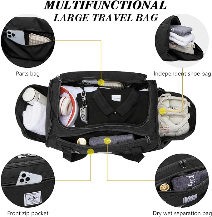 Laripwit Gym Bags for Men, 40L Medium Sports Travel Duffel Bag with Shoe Compartment & Wet Pocket Lightweight Gym Duffle Bag Backpack Multipurpose Weekender Overnight Backpack for Women, Black