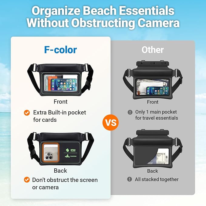 F-color Waterproof Fanny Pack Floating - Waterproof Pouch with 35oz Buoyancy - Cruise Essentials Must Haves Fanny Pack Keep Phone Valuables Safe for Kayaking Beach, 2 Pack