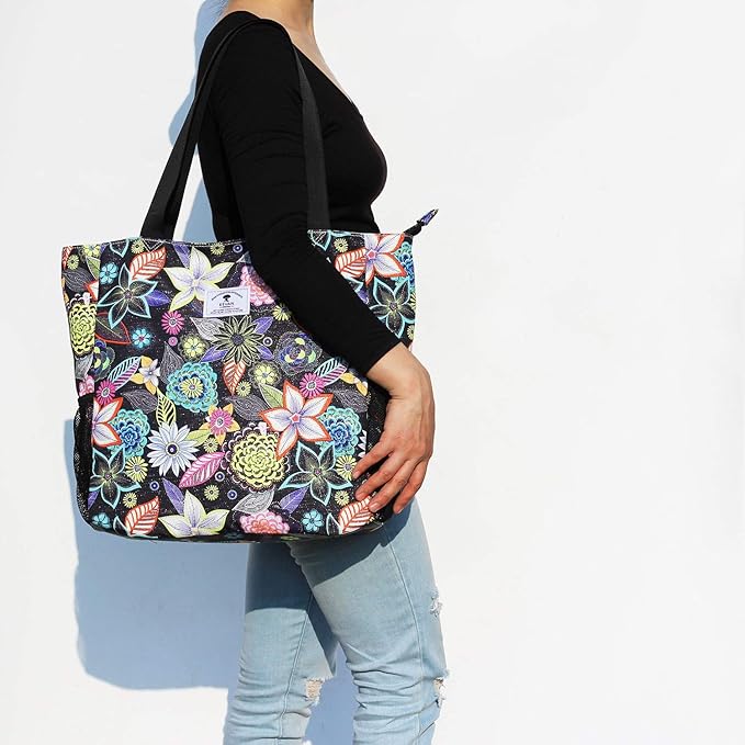 ESVAN Original Floral Water Resistant Large Tote Bag Shoulder Bag for Gym Beach Travel Daily Bags Upgraded