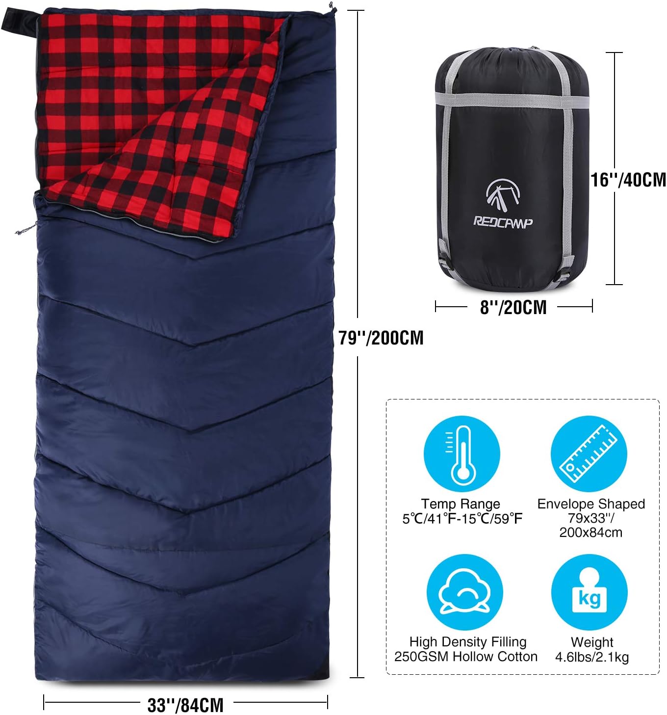 REDCAMP Cotton Flannel Sleeping Bag for Camping Backpacking, Adults Cold Weather Envelope Sleeping Bags with 2/3/4/6lbs Filling