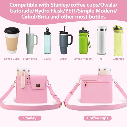 Stanley Cup Purse, Crossbody Bag with Water Bottle Holder, Adjustable Women Shoulder Strap for Stanley Cup Tumbler 40 oz (Pink)