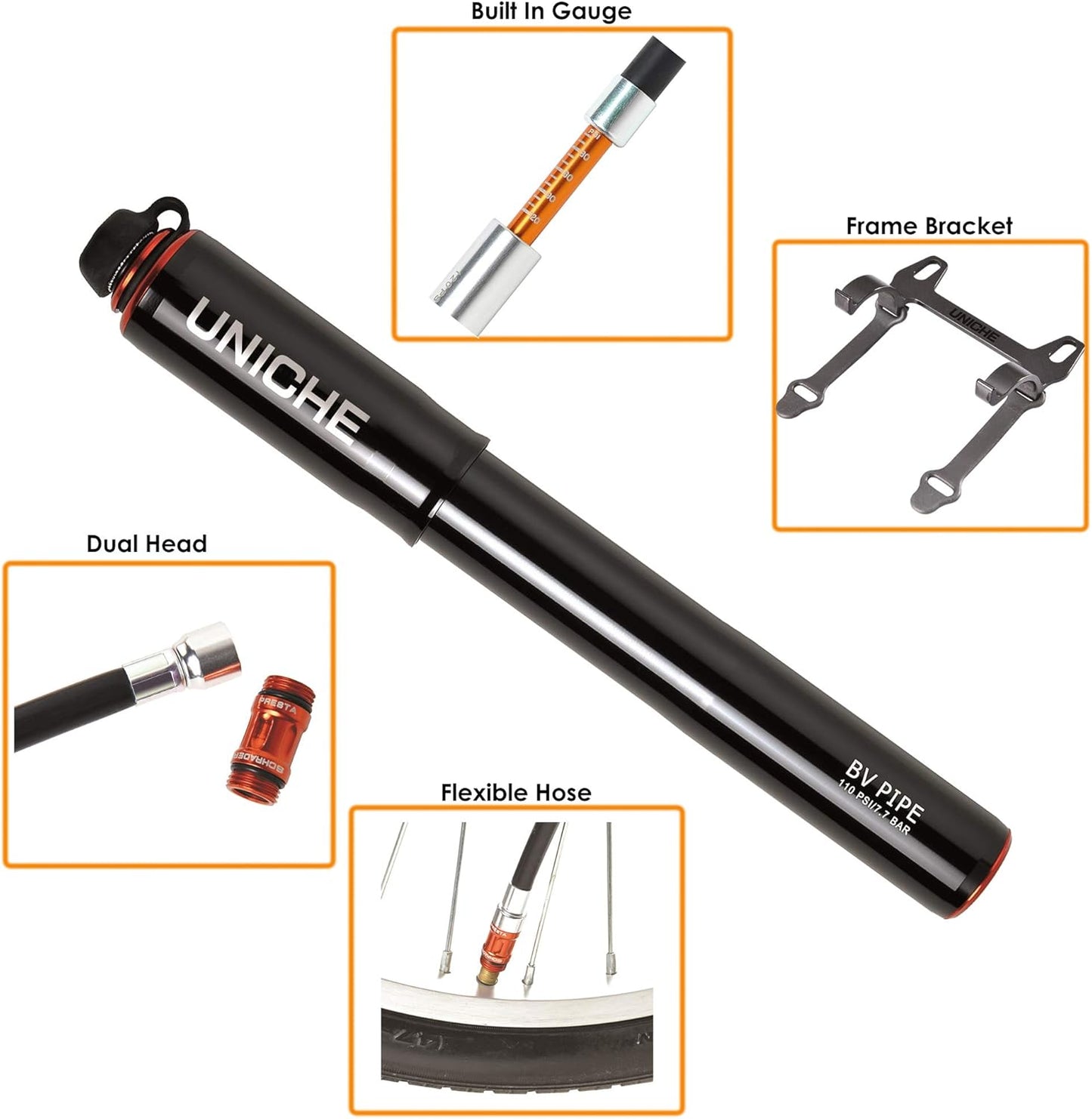 UNICHE Tech HV Bike Frame Pump with Gauge Fits Presta & Schrader - High Volume - Portable Mini Bicycle Pump for Mountain and BMX Bikes, Includes Mount Kit – Large