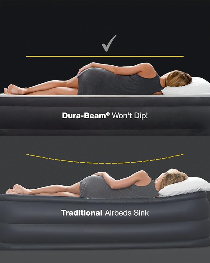 Intex 64778E Dura-Beam Standard Prestige Air Mattress: Fiber-Tech – Full Size – Hand-Held Battery Pump – 10in Bed Height – 600lb Weight Capacity