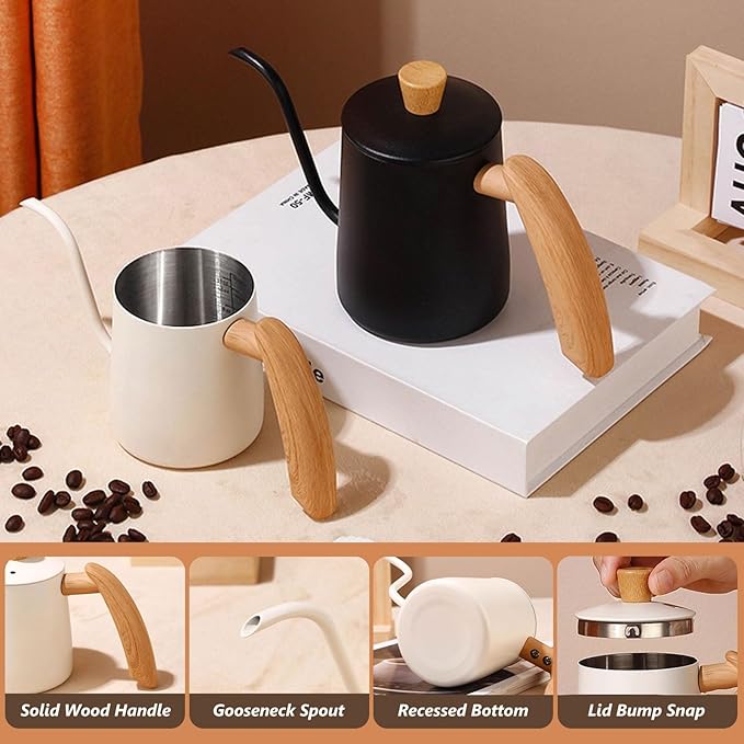 Pour Over Coffee Kettle Gooseneck Tea Pot 304 Stainless Steel Hand Coffee Maker Kettle-Barista Pour Control Design,Wood Handle and Long Narrow Spout Camping Kettle(Color:Black,Size:20oz)
