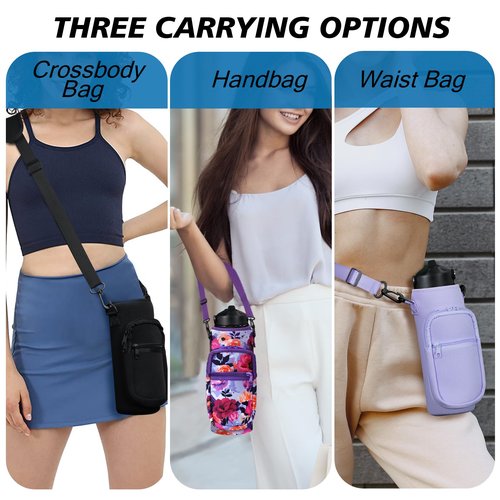 AceTreker 32 oz 40 oz Water Bottle Sling with 2 Pockets, Neoprene Water Bottle Holder with Strap, Sport Bottle Sleeve for Traveling, Walking, Camping-Purple