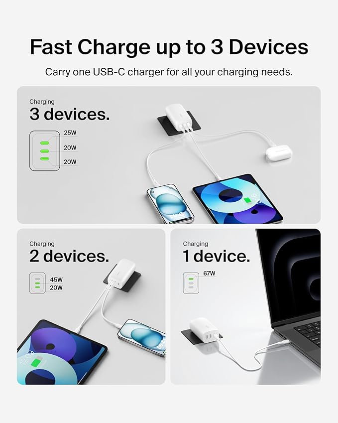 Belkin 3-Port USB C Charger Block 67W - PPS USB-C PD3.1 PPS Super Fast Charging - Samsung Galaxy S25, Apple iPhone 16, MacBook Pro, AirPods, Nintendo Switch 2 & More - White, 2-Pack